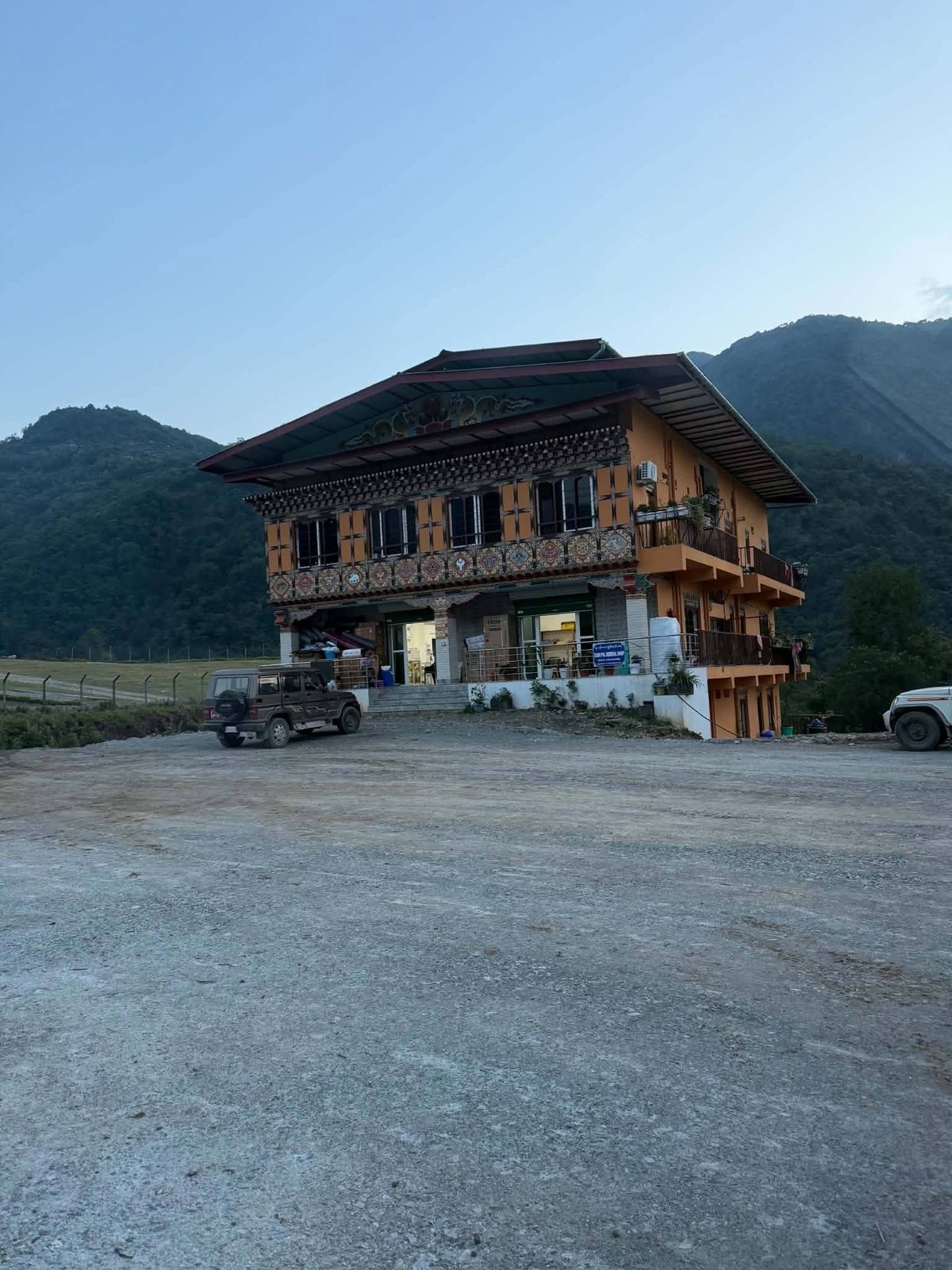 Completed building, front elevation with traditional Bhutanese façade