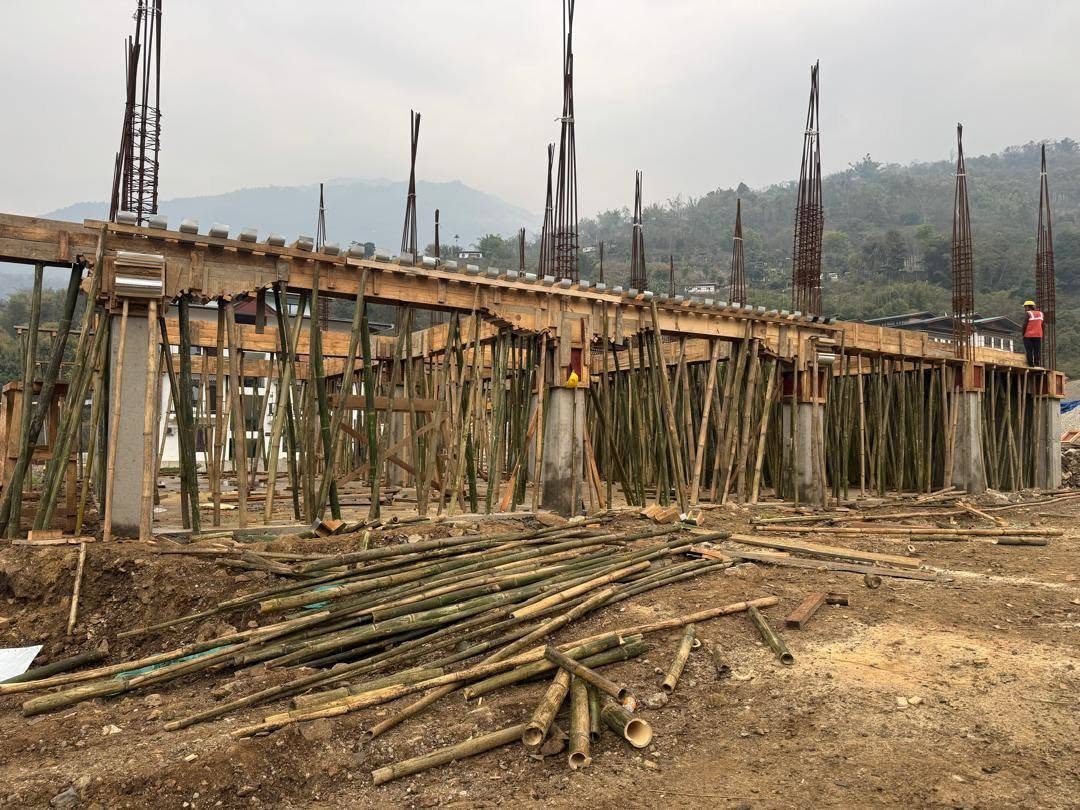 Columns and first-floor slab formwork on site