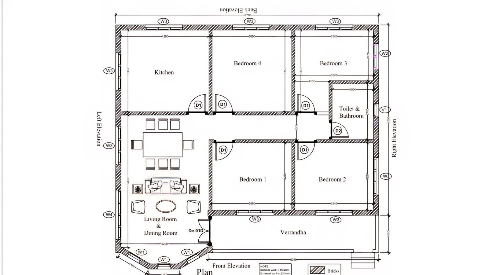 Floor plan of the four-bedroom one-storey house