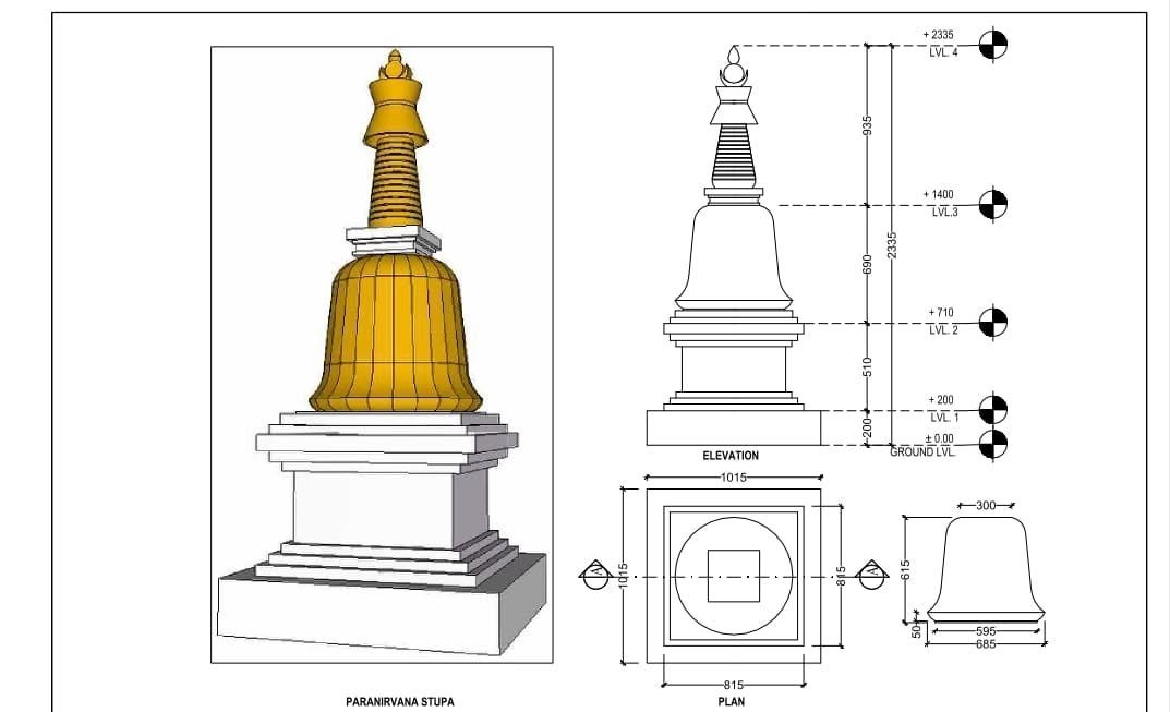 3D view, elevation and plan of one of the eight stupas