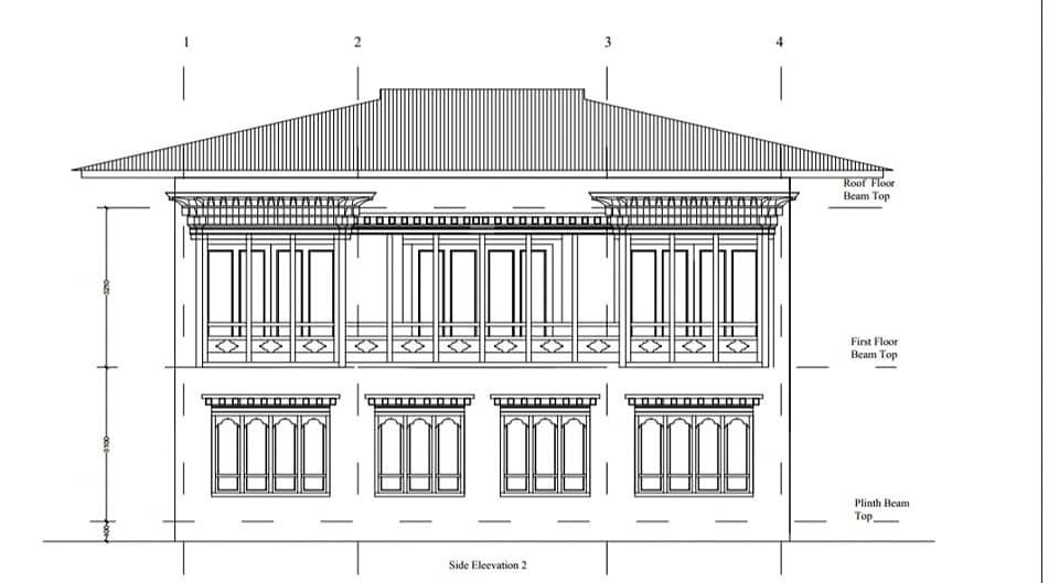Side elevation drawing with traditional windows