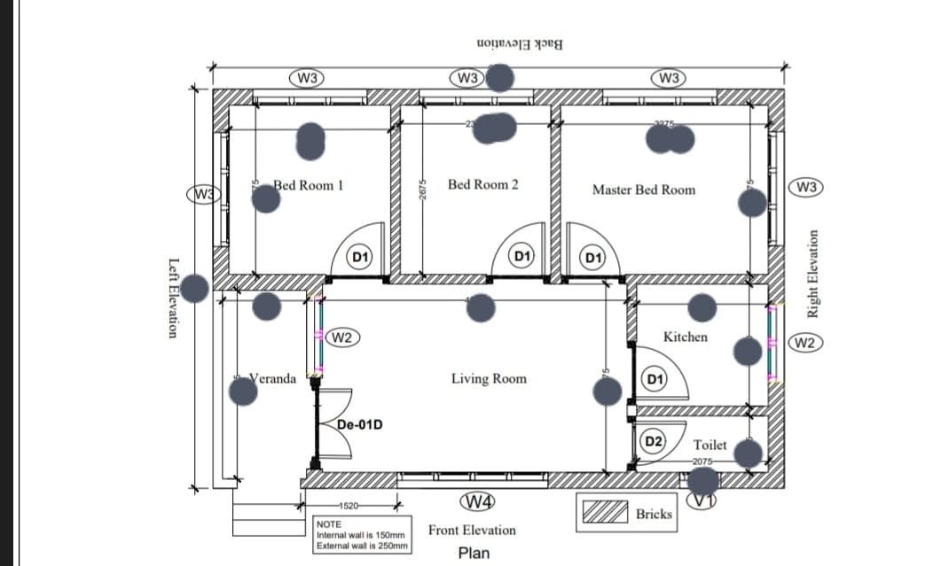 Floor plan of the three-bedroom one-storey house